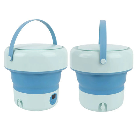 Foldable Mini Washing Machine 4.8 Liter Portable Compact Laundry Soaker For Underwear Baby Clothes And Towels, blue design with handle.