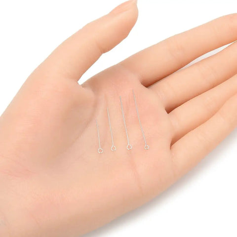 50 Pcs Real Sterling Silver Eye Pins 35mm Long 0.4mm Gauge For Jewelry Making Diy Crafting Hypoallergenic Nickel Free Lead Free Durable Findings For Earrings Pendants Beads, shown in hand