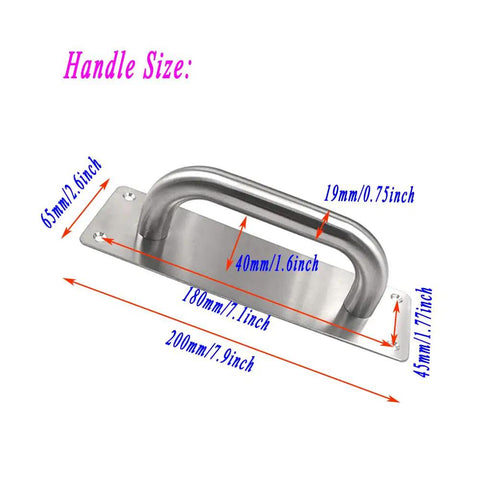 Two Pack Beefy Stainless Steel Door Pull Handles 8 Inch Heavy Duty Plate Door Pulls For Barn Shed Cupboard Toilet Cabinet Garage With Mounting Screws Rectangle 200mm By 65mm, showing measurements.