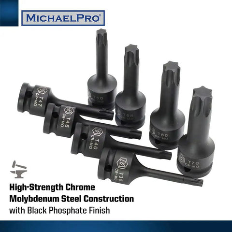 Eight Piece Half Inch Drive Torx Socket Set From T30 To T70, Impact Grade Chromoly Steel, arranged on white background.