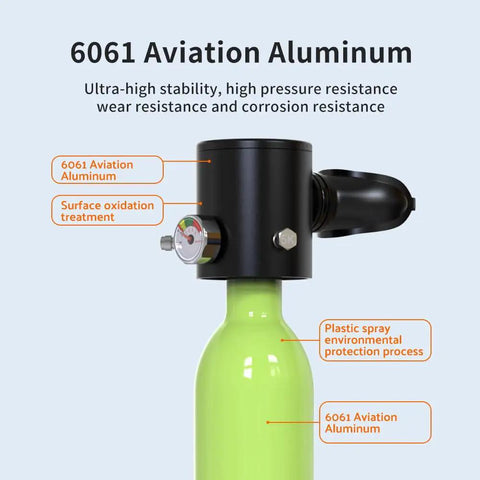 Portable 0.5L Mini Scuba Tank For Travel And Recreational Diving, close-up on 6061 aluminum tank with pressure gauge.