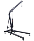 Heavy Duty 2 Ton Folding Engine Hoist Adjustable Shop Crane with black finish and caster wheels in upright position.