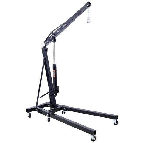 Heavy Duty 2 Ton Folding Engine Hoist Adjustable Shop Crane with black finish and caster wheels in upright position.