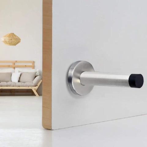 Long 8 Inch Stainless Steel Door Stopper Heavy Duty Brushed Finish With Rubber Absorber Anti Collision Wall Protector installed on door