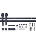 Upgrade Your Digs With This 6.6 Ft Black Sliding Barn Door Hardware Kit featuring rails, rollers, and mounting accessories.