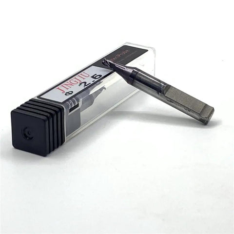 2.5mm End Milling Cutter Solid Carbide RIC05304B B3320 WC011A for Laser Key Machines, cutter beside packaging.