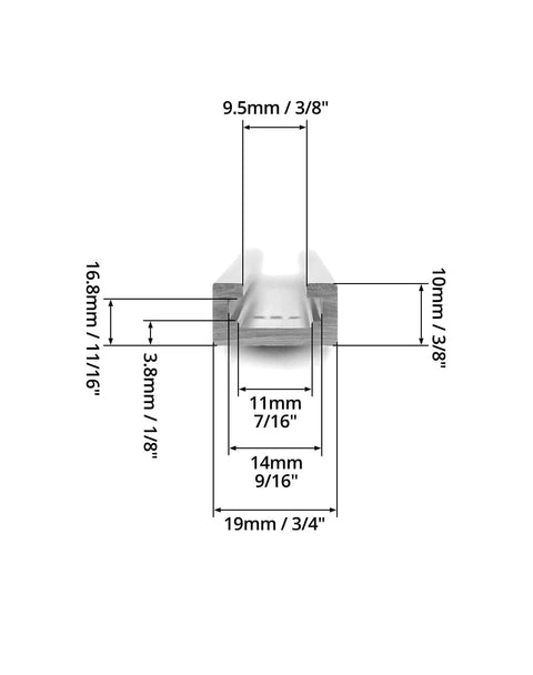 12 Inch Aluminum T Track Two Pack With Predrilled Holes And Screws For DIY Woodworking, Universal Double Cut Profile, dimensions labeled