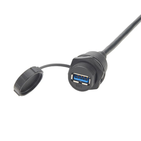 Rugged IP67 USB 3.0 A Male To Female Bulkhead Panel Mount Extension Cable 0.3M Waterproof Cap 5Gbps Data Transfer For Control Cabinets HMI Automation Systems