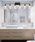 Modern bathroom with 5-light fixture featuring White Linen Frosted Glass Shade Replacement Set, enhancing a sleek design.
