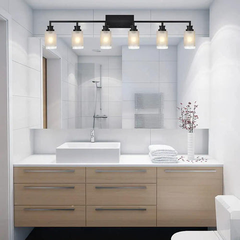 Modern bathroom with 5-light fixture featuring White Linen Frosted Glass Shade Replacement Set, enhancing a sleek design.