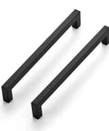 Two matte black cabinet handles from the Eight Inch Square Cabinet Handles Matte Black Pulls For Kitchen Drawers And Cabinets Set Of Eighteen.
