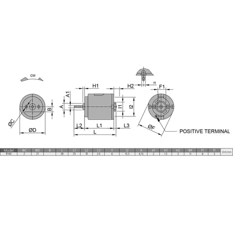 Technical diagram of Two Pack Micro DC Motors 1.5 To 6 Volt High Speed 5000 To 20000 RPM Electric Motors With 2 mm Round Shafts