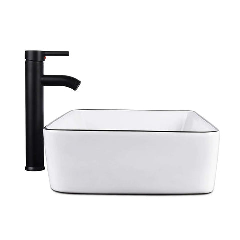 Dope White Ceramic Above Counter Vessel Sink Combo With Black Faucet And Pop Up Drain 19 By 15 Inches Rectangular Porcelain Basin