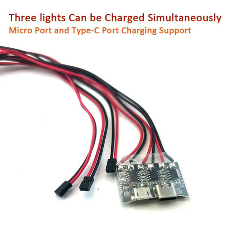 Rechargeable RC Plane LED Light Kit With Red Green White Flashing Lights showing charging ports and cables