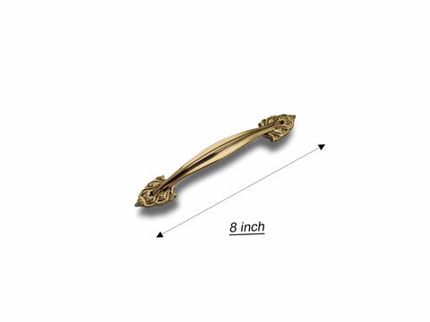 Elegant Antique Brass Cabinet Handle With Dope Ornate Vintage Leaf Design Pair Drawer And Door Pull For Furniture Restoration And Home Decor 12 Inch Sturdy Brass Hardware Built To Last For Cabinets And Dressers featuring intricate leaf ends, 8 inch size shown