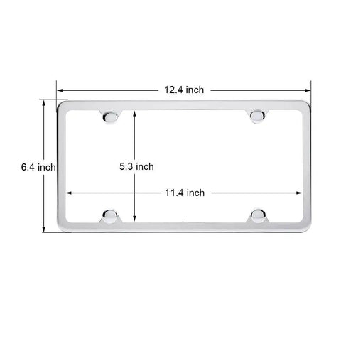 Diagram of Two Pack Slim Stainless Steel License Plate Frames With Mirror Polish Finish, 4 Hole Design, dimensions shown