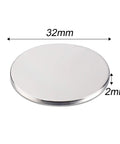 Front view of neodymium disc magnet, 32 mm diameter, 2 mm thick, silver finish.