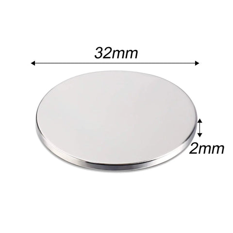 Front view of neodymium disc magnet, 32 mm diameter, 2 mm thick, silver finish.