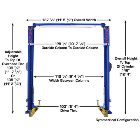 Pro Shop Workhorse Two Post Vehicle Overhead Lift Featuring Double S Shape Columns And Smooth Power Pump with dimensions and specifications.