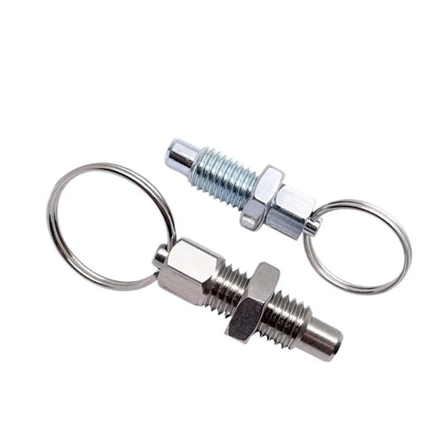 Badass Galvanized And Stainless Steel Indexing Plunger Pins With Ridiculously Slick Pull Ring Knobs For Lightning Quick Positioning On Factory Equipment 2 Pack M10 M12 M16 Sizes, showing two pins and ring knobs.