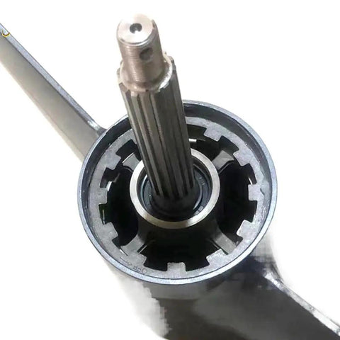 Heavy Duty Lower Unit Assembly Long For 85HP 2 Stroke Outboard Boat Motor With Long Drive Shaft Tough As Nails Replacement Part 692-45300-16-8D And 692-45300-00 close-up showing drive shaft and gears.