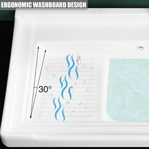 Ceramic Laundry Sink - Single Bowl Bathroom Vessel Sink, Semi-Recessed Square Design With Washboard, Easy To Clean For Laundry Room Or Balcony, top view of ergonomic washboard.