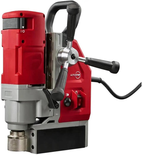 One Five Eight Inch Compact Electromagnetic Drill With 13 Amp High Torque Motor And Two Speed Transmission for drilling on flat steel surfaces.