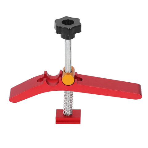 Heavy Duty Woodworking T Track Hold Down Clamp Adjust Chute Aluminum Alloy Tool for Workbench Router Table And Saw CNC Fixturing in red color.