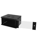 Top Shelf 6U Wall Mount Server Rack Cabinet With Secure Key Lock And Tempered Glass Door shown with door open for access.
