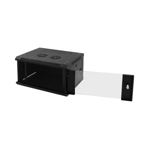 Top Shelf 6U Wall Mount Server Rack Cabinet With Secure Key Lock And Tempered Glass Door shown with door open for access.