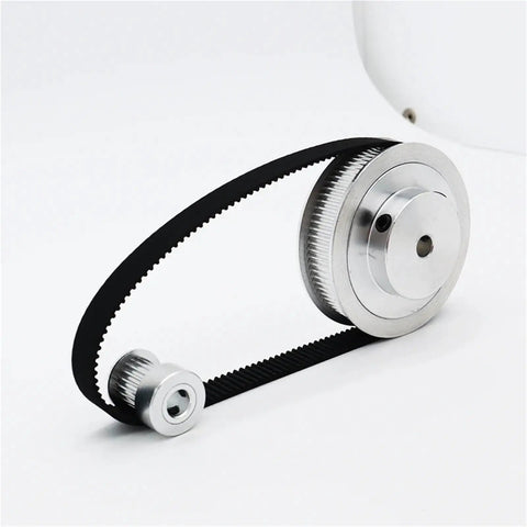 Cool HTD Synchronous Pulley Kit With 120T And 24T Gears, Solid Steel Or Aluminum Build For Precision Drives, 3M Belt Width, Smooth Power Transmission, Custom Bore Sizes Like 10mm Or 25mm To Fit Your Motor Shaft Perfectly. HTD pulley kit with belt and two machined metal gears