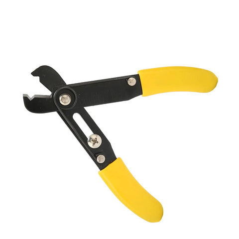 No Fuss Wire Strippers With A Comfort Rubberized Handle And High Precision Single Hole Cutter on a white background.