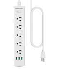 Two Prong To Three Prong Power Strip With Five Outlets And Three USB Ports Five Foot Extension Cord Surge Protector Up To 1625W Polarized Grounded Outlet Converter Wall Mountable Black showing full length and plug