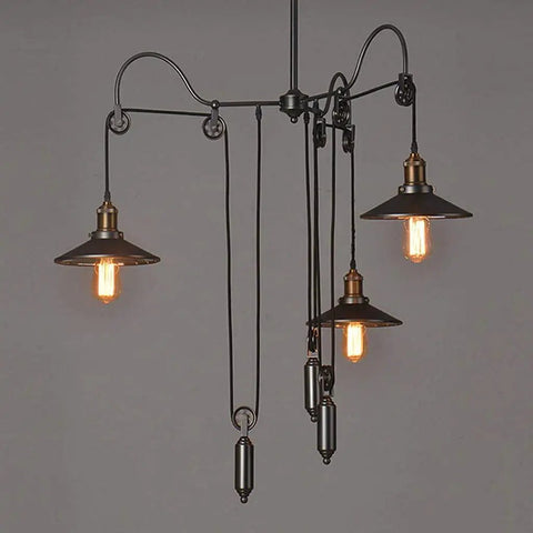 Kick Up Your Style With Adjustable Height Retractable Pulley System Vintage Black Metal Chandelier Ceiling Lamp kitchen view with three lights.