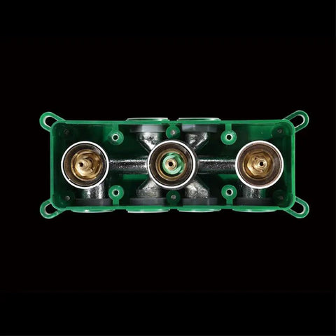 Heavy Hitter Full Copper Concealed Shower Kit With Four Function Waterfall Wall Mounted Top Spray And Pressurized Handheld Featuring Ceramic Valve plumbing fixture showing valve connections and brass fittings.