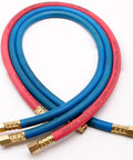 Red and blue heavy duty rubber hoses with brass fittings.