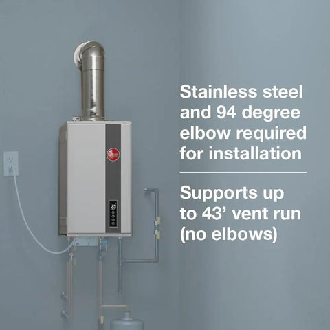 Next Level Liquid Propane Tankless Water Heater 180000 BTU 8.4 GPM High Efficiency Indoor System installed with stainless steel vent.