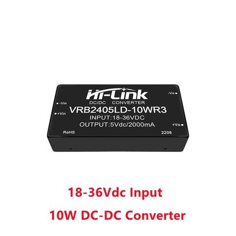 Straight Up Reliable 10W DCDC Isolated Switching Converter Step Down Power Supply Module 24V To 5V 2A, compact black unit with input/output details.