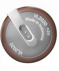 Close-up of BMW 3 Series Key Fob Battery Replacement Li Ion 3V Rechargeable With 90 Degree Pins VL2020, showing top view and specifications.