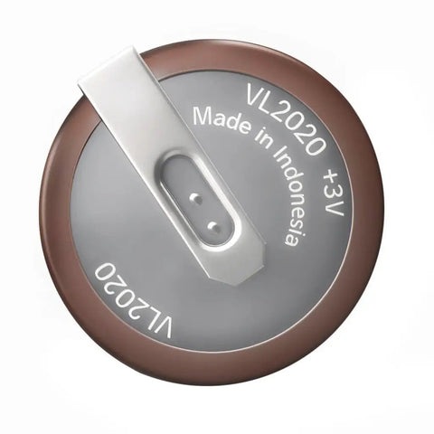Close-up of BMW 3 Series Key Fob Battery Replacement Li Ion 3V Rechargeable With 90 Degree Pins VL2020, showing top view and specifications.