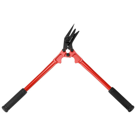 Heavy Duty Strapping Cutter For Steel And Polyester Crafted From High Carbon Steel, red handled, ergonomic, for warehouse tasks.