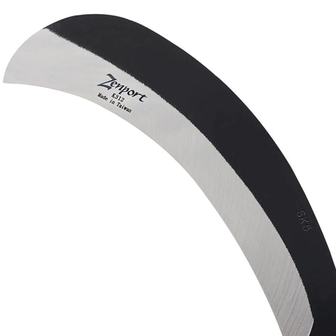 Close-up of 8 inch carbon steel blade on Heavy Duty Harvest Sickle With Carbon Steel Blade And Aluminum Handle For Clearing Tough Vines, Weeds And Saplings, 8 Inch Straight Edge Hook Blade For Beastly Cuts, Black Soft Rubber Grips For Maximum Leverage And Comfort.