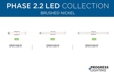 Phase Two Point Two LED 24 Inch White Shade Sleek Modern Bath Vanity Light In Brushed Nickel With Slim Acrylic Frame Integrated Dimmable LED Fixture For Contemporary Powder Room
