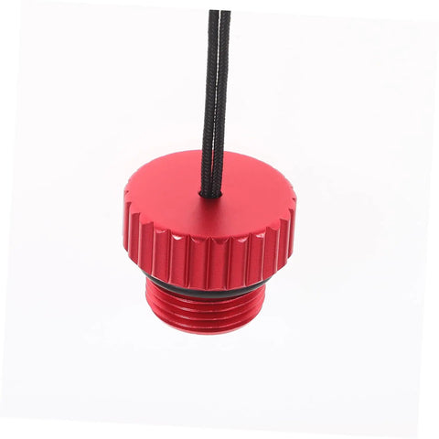 Red Scuba Tank Valve Cap Protector with cord, made of aluminum 6061, fits standard diving gear, durable and lightweight.