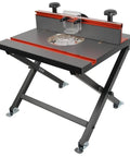 Slick Foldable Benchtop Trim Router Table With Adjustable Height Stand And Portable Workshop Station For Woodworking Hobbyists with removable insert plate.
