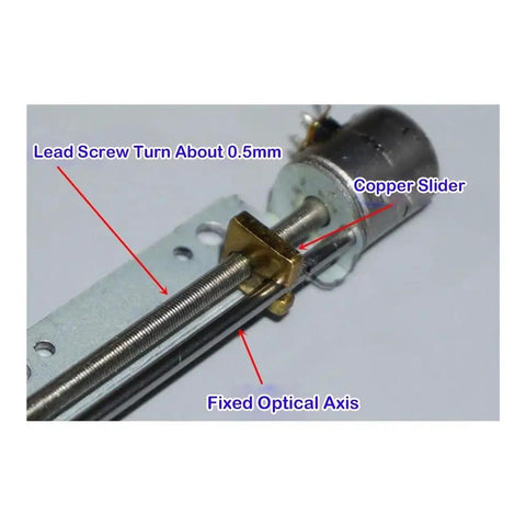 Close-up of DC 5V 30mm Linear Actuator With 8mm Travel showing lead screw, copper slider, and fixed optical axis