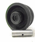Side view of a 4 in by 2 in rigid caster wheel with black iron/steel V-groove wheel and silver axle pin