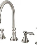 Deck Mount Kitchen Faucet With Brass Sprayer Brushed Nickel Finish Eight And A Quarter Inch Spout Projection sleek design