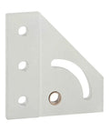 90 Degree Left Hand Pivot Bracket Plate For 10 Series Aluminum Framing, 3x3 Inch Base Plate.188 Inch Thick With Bronze Bushing, Delivers Smooth Axial Motion For DIY Builds And Adjustable Mounts. White metal left-hand 90° pivot bracket plate with bronze bushing and curved slot
