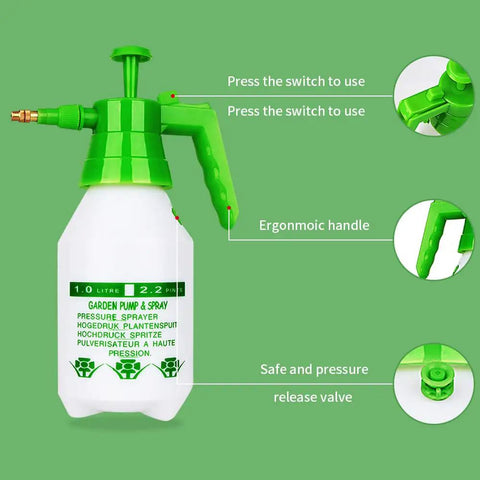 Portable 0.5 Gallon Handheld Pressure Sprayer with Adjustable Brass Nozzle, Safety Valve, Green Handle, and Translucent Tank